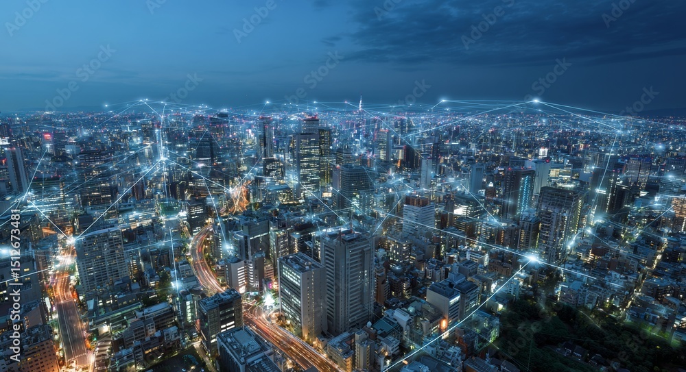 Obraz premium A city's telecommunication network is depicted above the urban landscape, highlighting wireless mobile internet technology for smart grid or 5G LTE data connection, with a focus on IoT, global