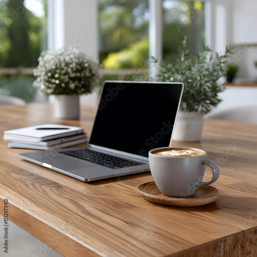 Laptop, coffee, and plants on a wooden table in a bright room