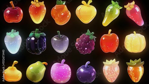 A cartoon and 3d realistic of the Gummy jelly candy set, cute sweet, on a black background, Generative AI Videos.