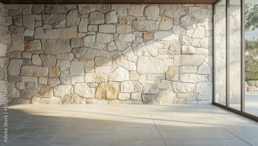 Fototapeta premium Natural Stone Wall: A close-up shot of a wall crafted from natural stone showcases the beauty and texture of the material. The intricate arrangement of stones.