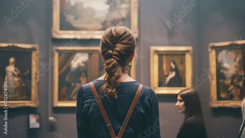 An adult elegantly dressed woman looking at museum paintings in an old museum art gallery, Generative AI Videos.