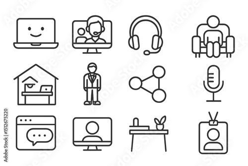 Remote work icon set with laptops, headset, microphone, and video call symbols