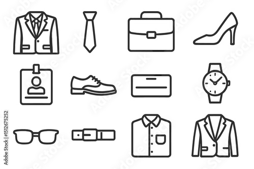 Business icons set: suit, tie, briefcase, shoes, watch, badge, shirt