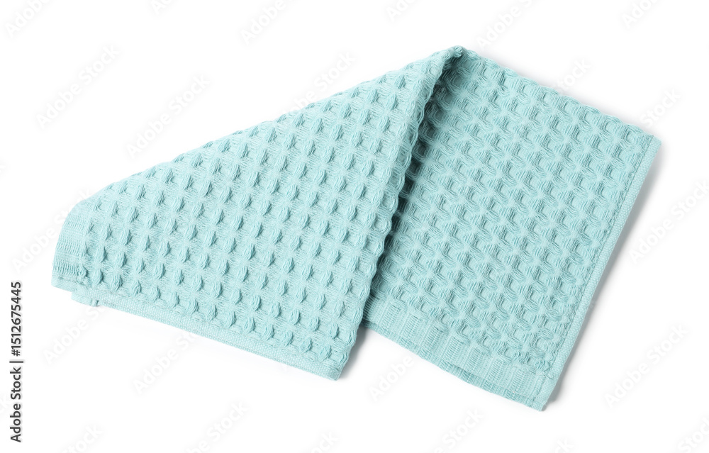 Fototapeta premium Clean light blue waffle towel isolated on white, top view