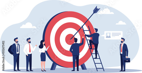 Goals setting, target achievement, focus on success outcome, planning to reach target bullseye, measurable result or clarity motivation concept, businessman with target bullseye and goa
