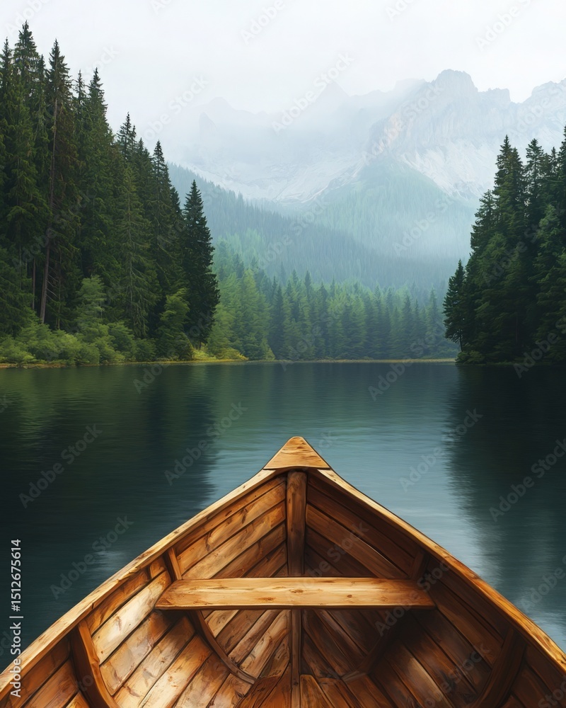 Obraz premium Tranquil Lake Journey: The bow of a wooden boat slices through the still, dark waters of a lake, framed by towering evergreen trees and distant, mist-shrouded mountains.