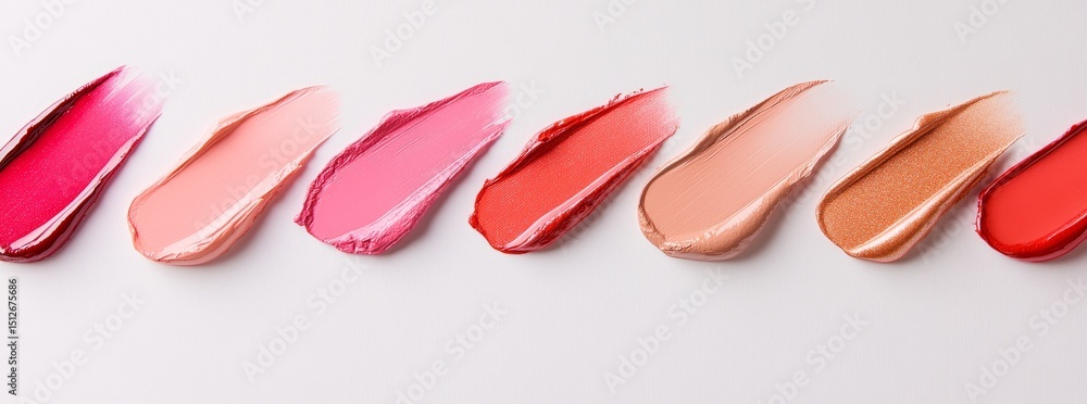 Cosmetic makeup in shades of pink, peach, and red is presented on a light gray background, with the colors transitioning smoothly from light to dark Cosmetic makeup in shades of pink, peach, and red is presented on a light gray background, with the colors transitioning smoothly from light to dark
