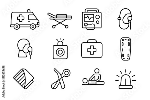 Emergency medical icons set featuring equipment and services symbols