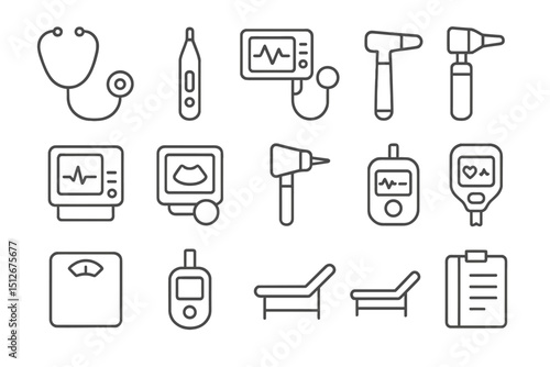 Medical equipment icons: stethoscope, thermometer, monitor, otoscope, blood glucose meter