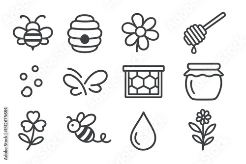 Bee and honey icons: hive, flower, jar, butterfly, drop