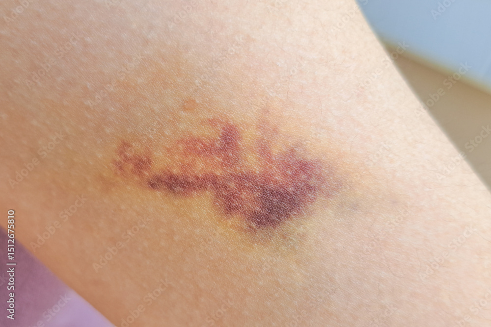 Fototapeta premium Bruises on the arm indicate an injury from a blow, causing blood vessels under the skin to rupture and leak blood into the surrounding area