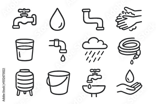 Hand-drawn water conservation icons with taps and droplets