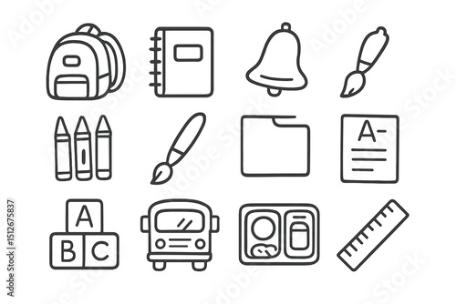 School supplies icons set: backpack, notebook, bell, crayons, and more