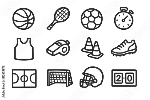 Sports icon set featuring equipment and accessories on dark background