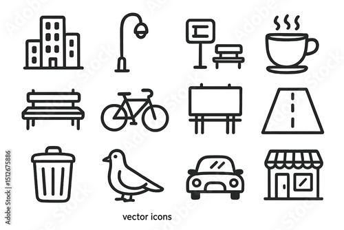 Collection of urban elements: buildings, bicycle, vehicle, and coffee cup icons