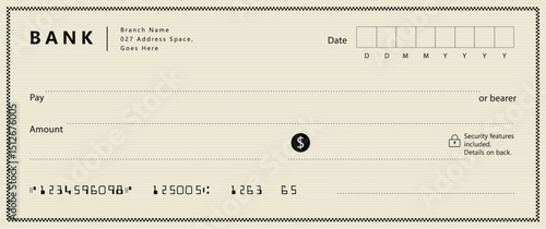 Bank check, vector blank money cheque, checkbook template with guilloche pattern and fields. Currency payment coupon, money check background