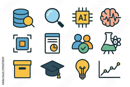 Illustrated icons representing data, ai, analytics, and technology concepts