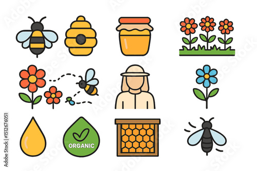 Colorful bee and honeycomb icons with flowers and beekeeper