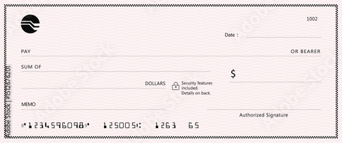 Bank check, vector blank money cheque, checkbook template with guilloche pattern and fields. Currency payment coupon, money check background