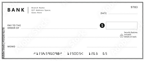 Bank check, vector blank money cheque, checkbook template with guilloche pattern and fields. Currency payment coupon, money check background