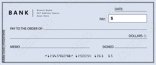 Bank check, vector blank money cheque, checkbook template with guilloche pattern and fields. Currency payment coupon, money check background