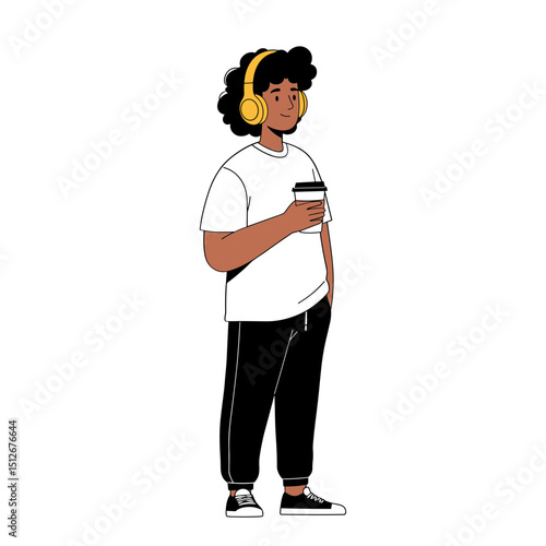 Young standing with coffee cup and big earphone