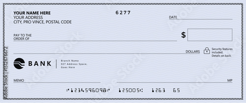 Bank check, vector blank money cheque, checkbook template with guilloche pattern and fields. Currency payment coupon, money check background