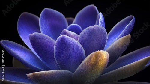 A detailed image of blue flower petals is shown with subtle lighting against a dark background and prominent texture