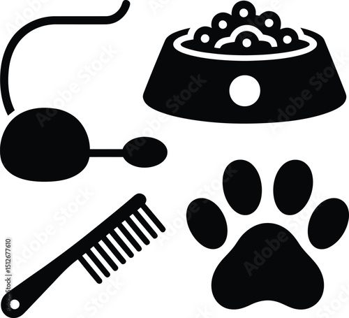Essential Pet Care Supplies Food Bowl, Brush, Toy, Paw Print