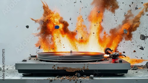 A vintage record turntable is blown to pieces by an atomic explosion, white background, Generative AI Videos.