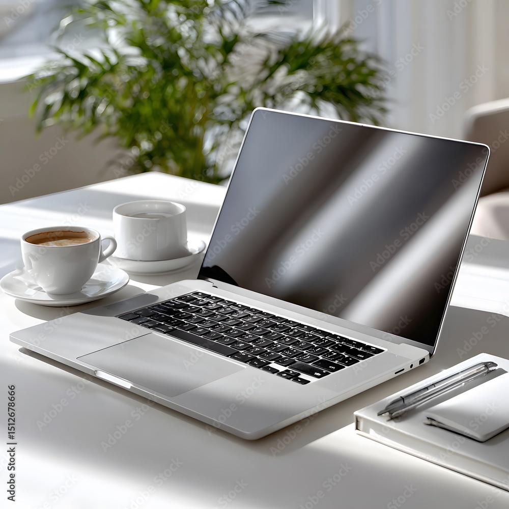Fototapeta premium Laptop on a white table, with coffee cups, and a plant visible in the background. Sunlight streams on the workspace