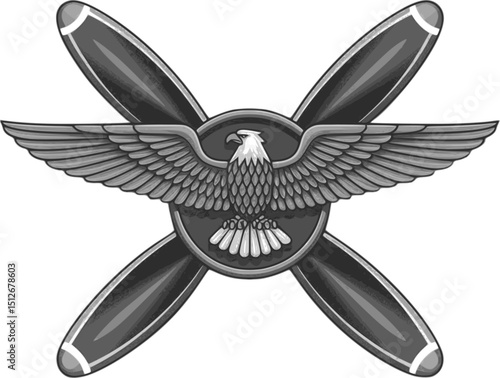 Retro aviation pilot badge with crossed propellers and an eagle emblem