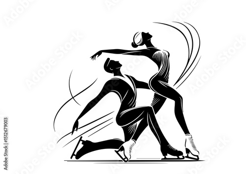 Pair figure skaters performing in black and white illustration