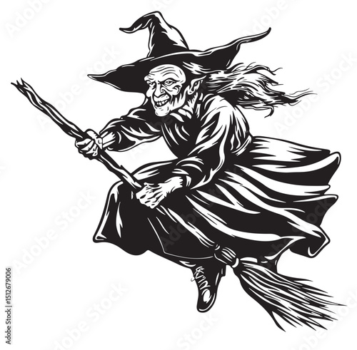 Witch flying on broomstick.