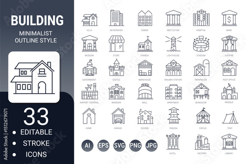 Minimal thin line building web icon set – editable outline vector collection