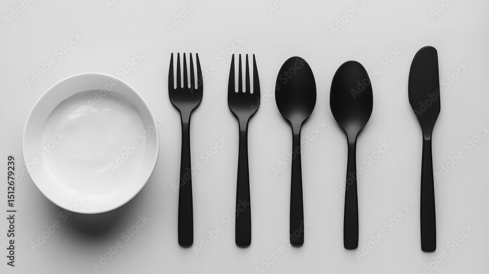 An overhead view showcases a monochrome still life arrangement including a bowl of yogurt, black cutlery, a small potted plant, and a dark rectangular object, all situated on a gray surface An overhead view showcases a monochrome still life arrangement including a bowl of yogurt, black cutlery, a small potted plant, and a dark rectangular object, all situated on a gray surface