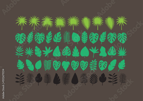Tropical Leaves Silhouettes in Green and Black on a Brown Background