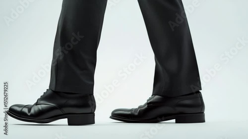 A heavy-set man's black dress shoes walking slowly and menacingly to the right on a white background, Generative AI videos.
