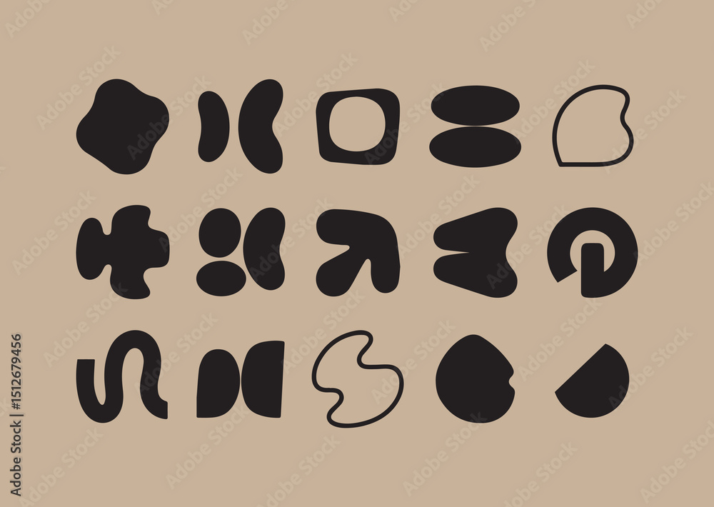 Obraz premium Collection of Abstract Organic Shapes and Forms in Black on Beige Background