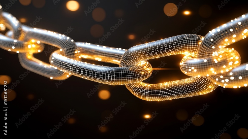 A close-up shot captures the metallic chain with its glowing orange highlights, positioned against a dark background and utilizing selective focus A close-up shot captures the metallic chain with its glowing orange highlights, positioned against a dark background and utilizing selective focus