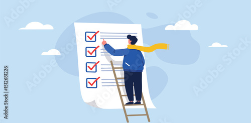 Criteria checklist report, evaluation list, complete checkbox, finish work, to do list or task done, quality assurance control, checkmark concept, businessman put tick on completion