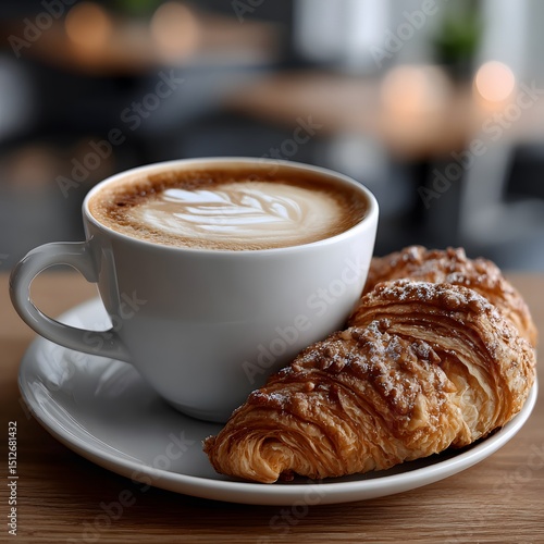 Latte art cappuccino and croissant on a saucer