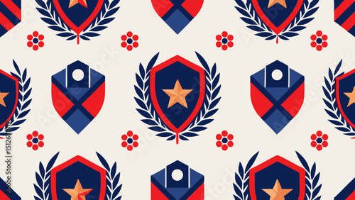 Patriotic Shield and Laurel Wreath Seamless Pattern Red, White, and Blue Design
