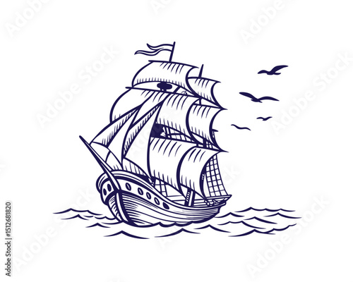 Vintage Sailing Ship Illustration Ocean Waves Birds