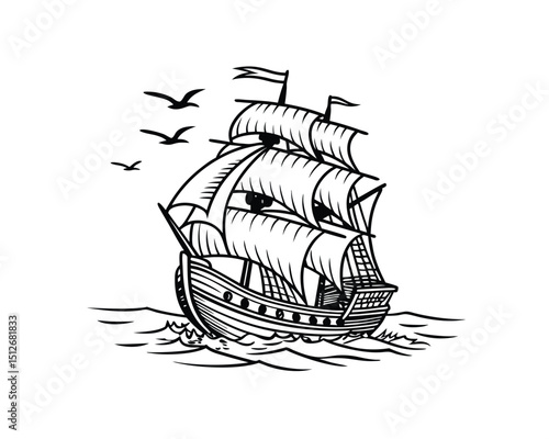 Vintage Black and White Illustration of a Sailing Ship at Sea
