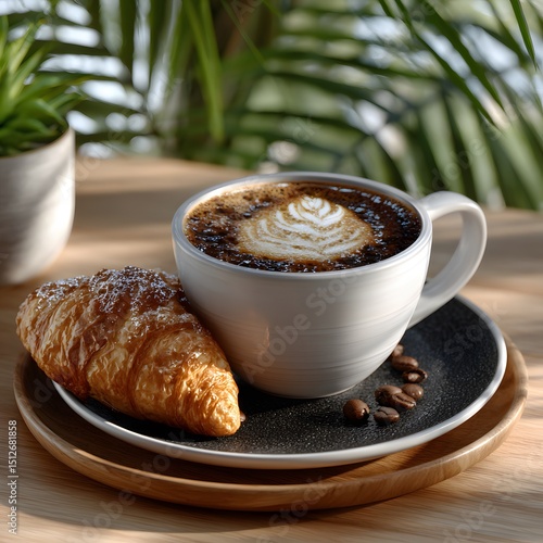 Latte art coffee and croissant on a wooden table