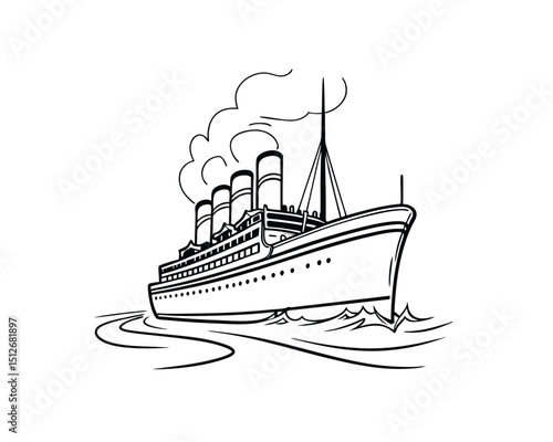 Vintage Ocean Liner Ship Sailing on the Water Black and White Illustration