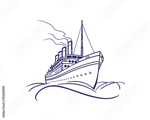 Vintage Ocean Liner Ship Sailing on Waves Illustration