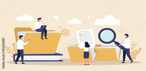 Document, content or research paper, documentation file folder storage, report or paperwork, search or file archive, office contract concept, business people working with paper document file folder
