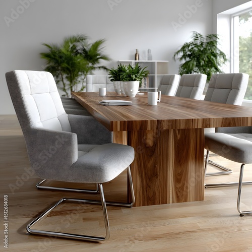Light-filled conference room with a long wooden table and matching gray upholstered chairs